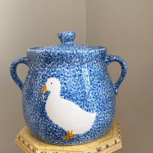 Vintage Collectible N.S.Gustin Blue Speckled Duck Ceramic Jar with Lid